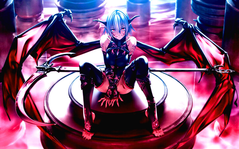 Blue-haired Demon Girl — Red, Dramatic, Digital Art