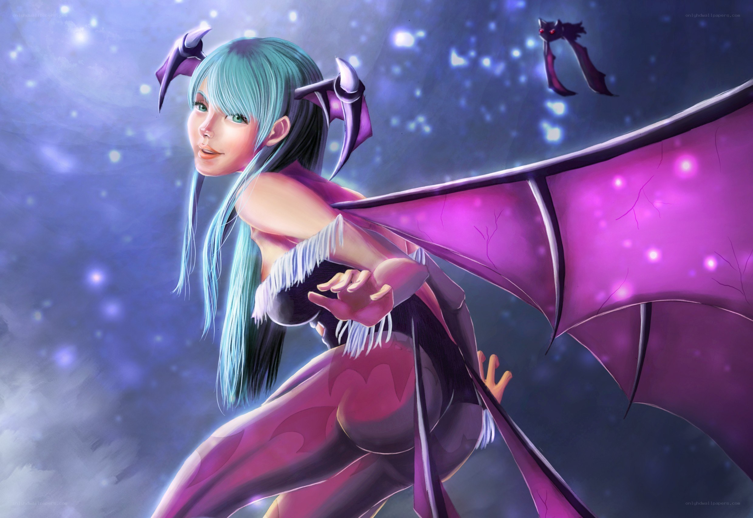 blue-haired demon girl with wings