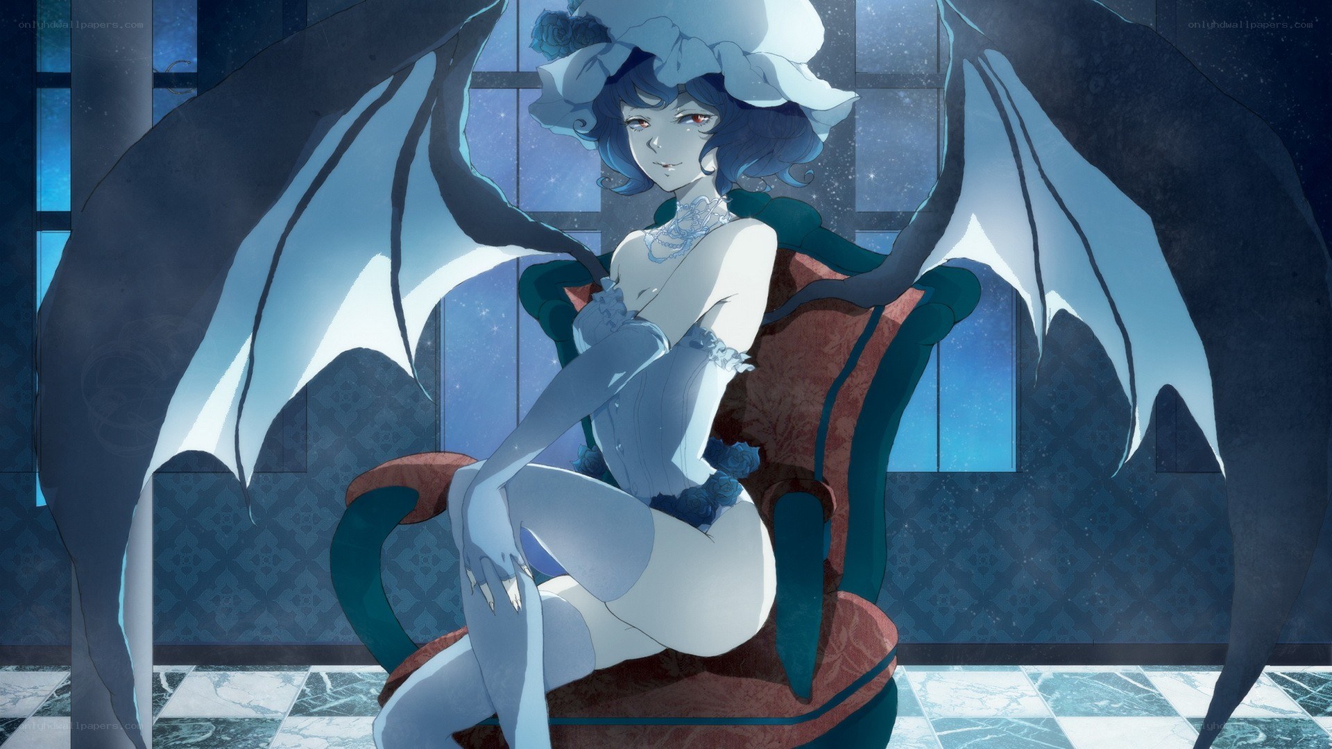 blue-haired demon in a chair