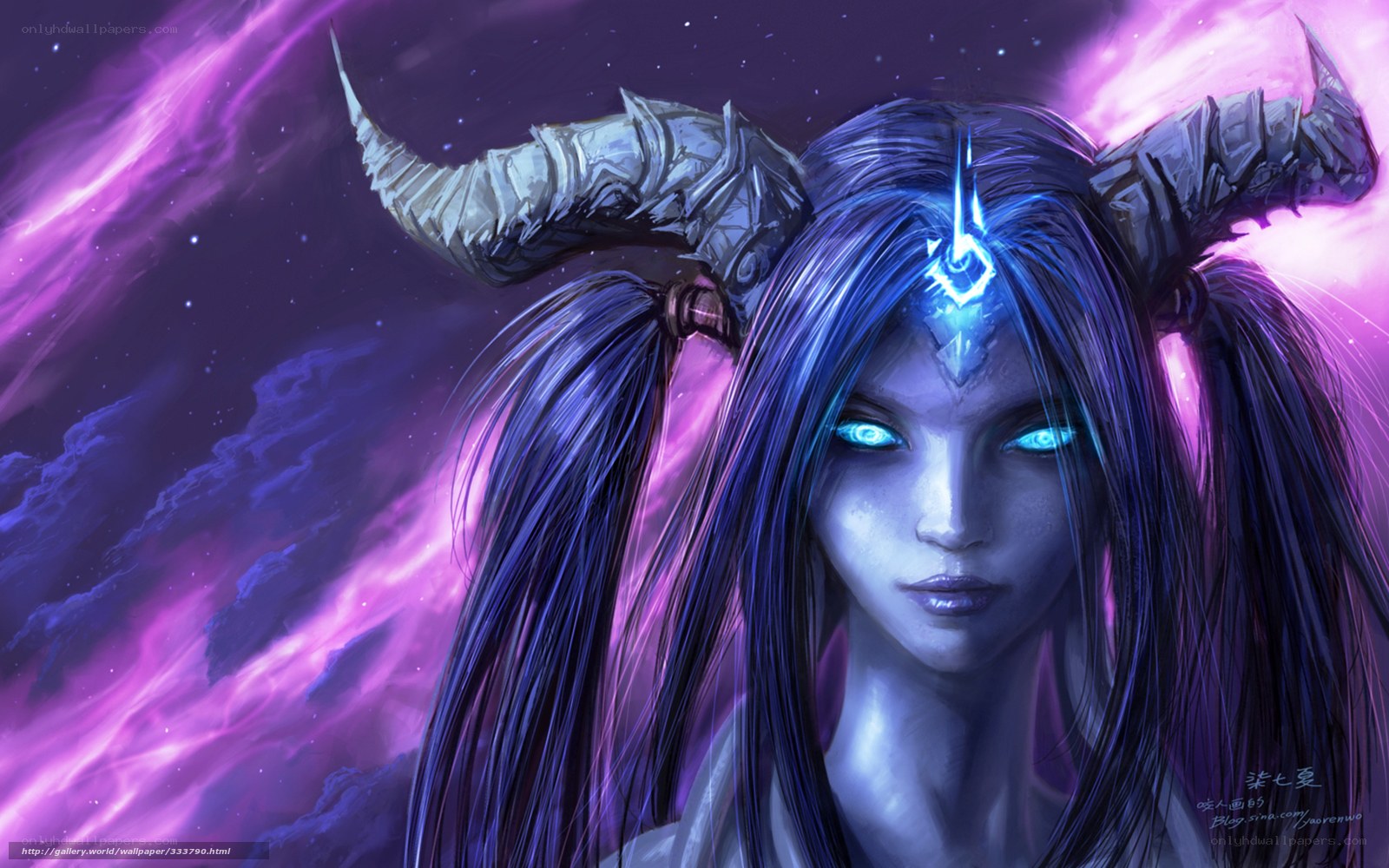 blue-haired demon woman
