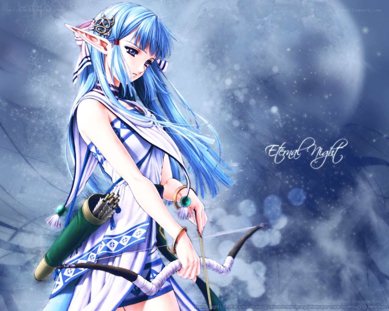 Blue-haired elf archer at night