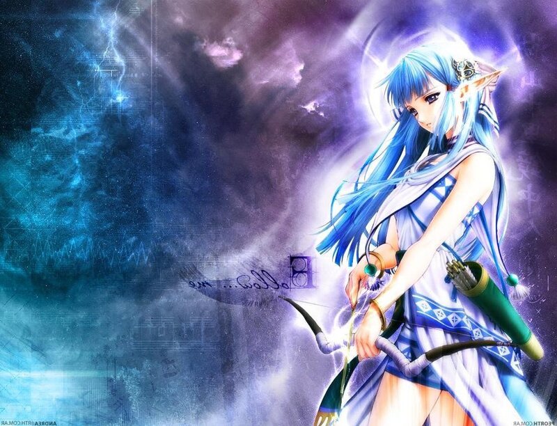 blue-haired elf archer in storm