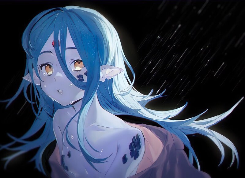 Blue-haired Elf Girl — Blue, Dramatic, Night, Anime, Rain