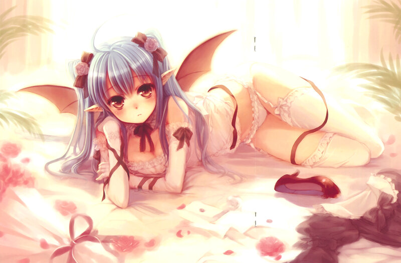 blue-haired elf girl in lingerie
