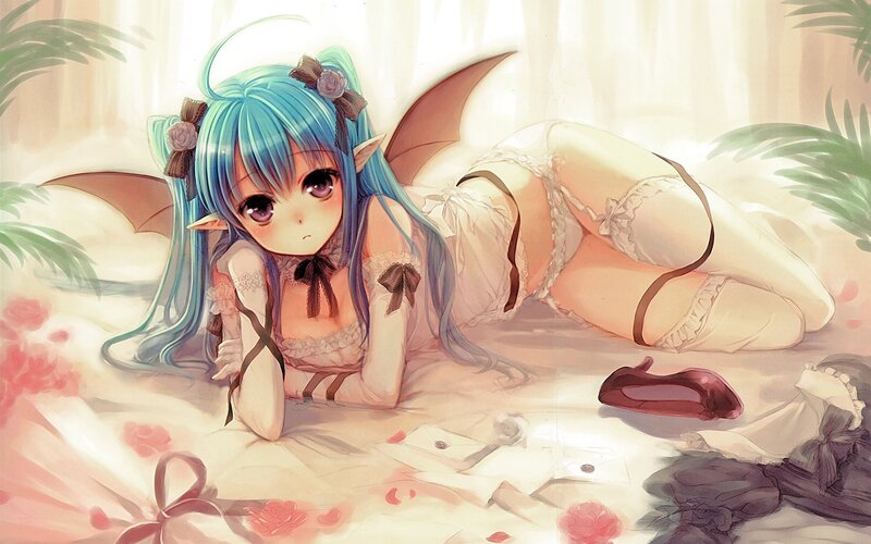 blue-haired elf girl in lingerie