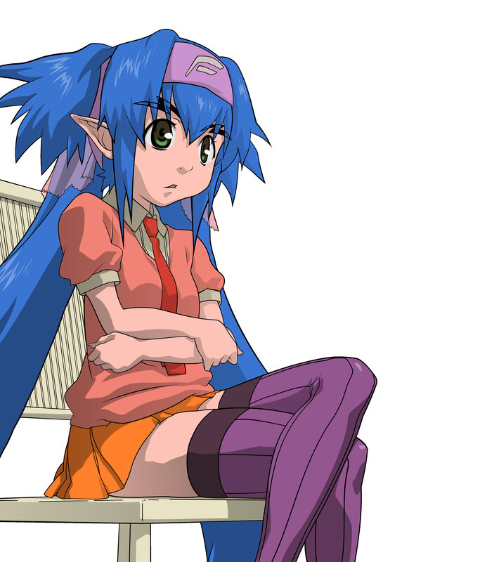 blue-haired elf girl sitting