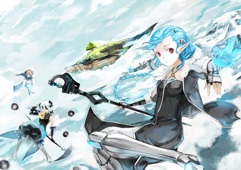 Blue-haired elf in sky battle