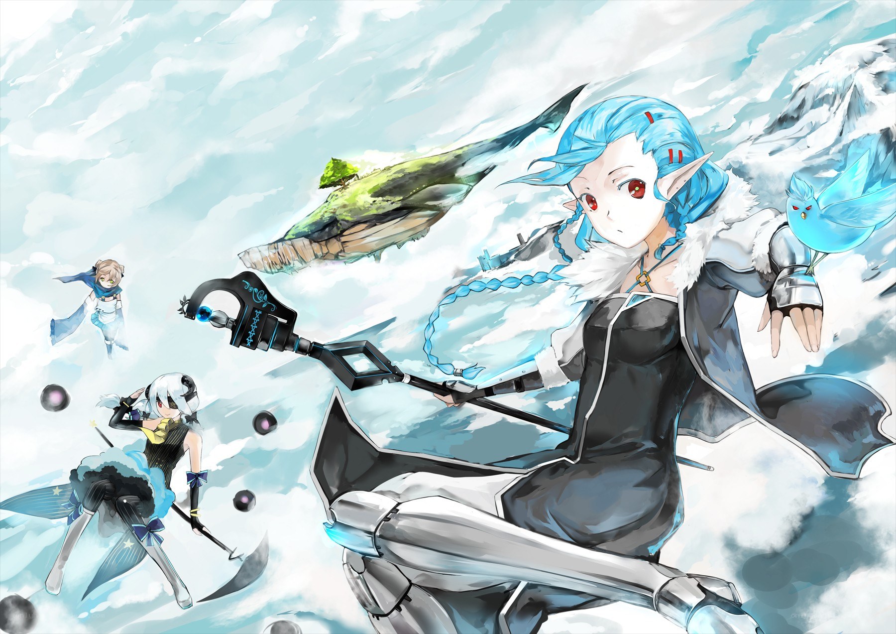 Blue-haired elf in sky battle