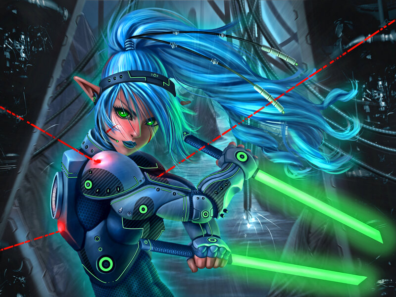 Blue-haired Elf Warrior — Blue, Dramatic, Digital Art