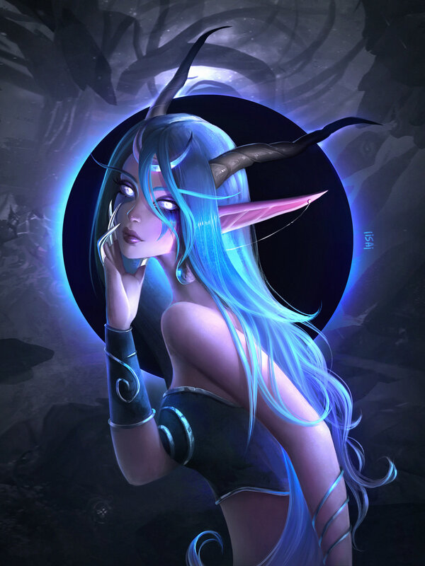 Blue-haired Elf Woman — Blue, Dramatic, Night