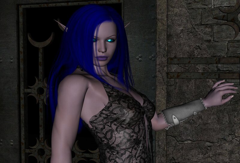 blue-haired elf woman in dark setting