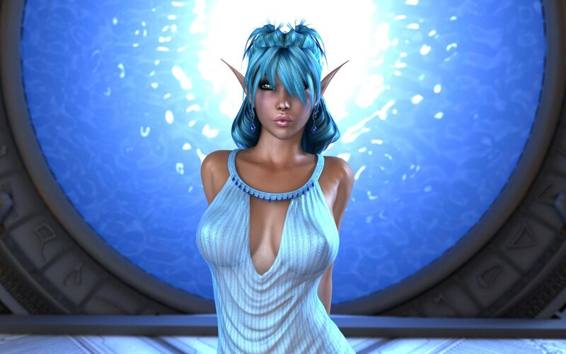blue-haired elf woman in dress
