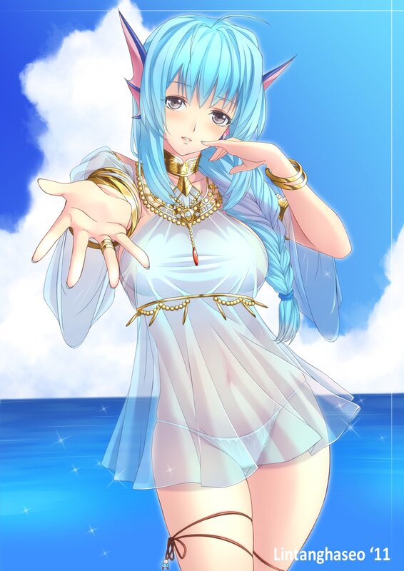 Blue-haired elf woman on beach