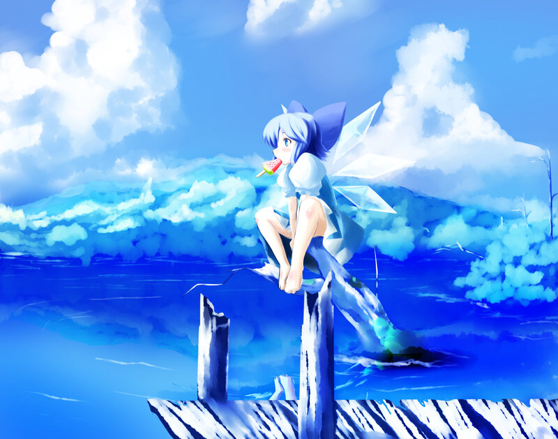 blue-haired fairy eating ice cream