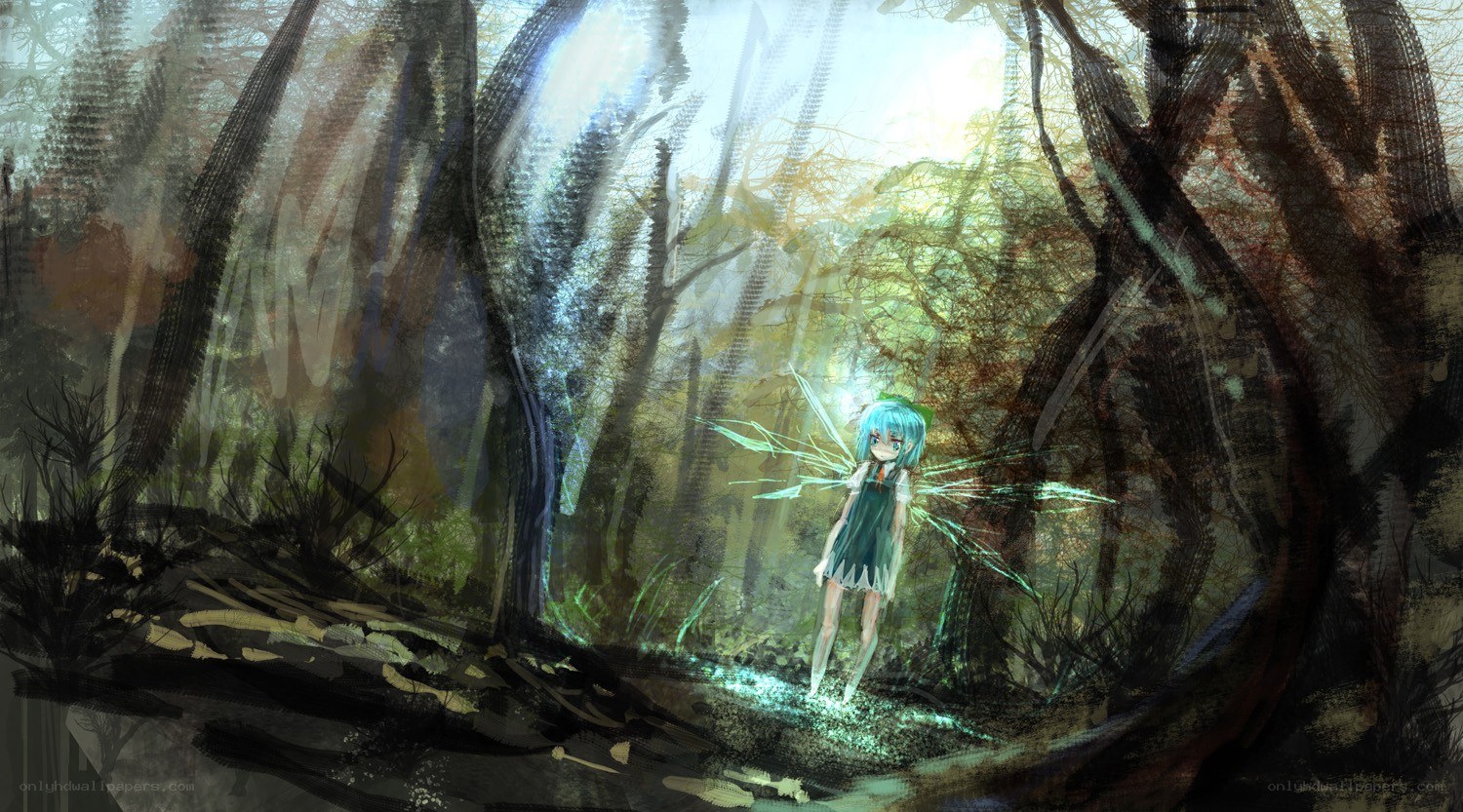 Blue-haired fairy in a forest