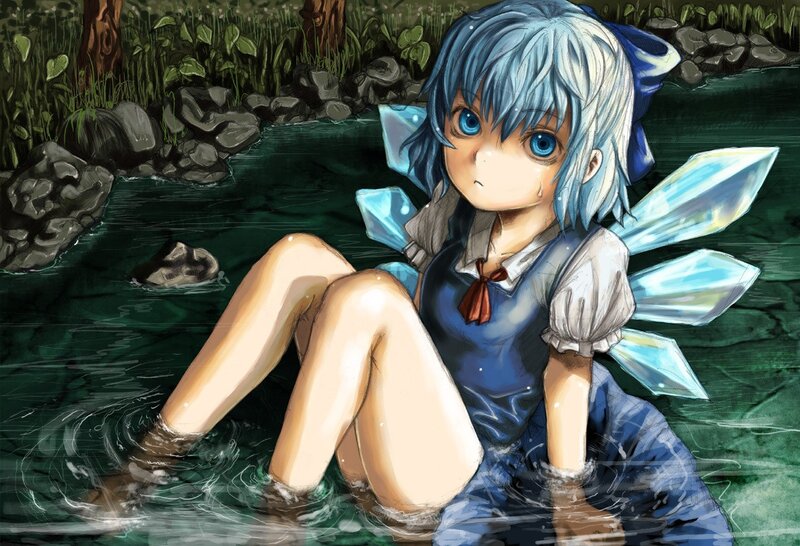 Blue-haired fairy in a stream