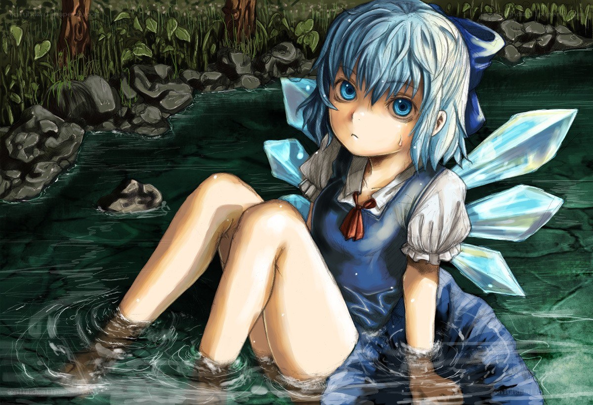 Blue-haired fairy in a stream