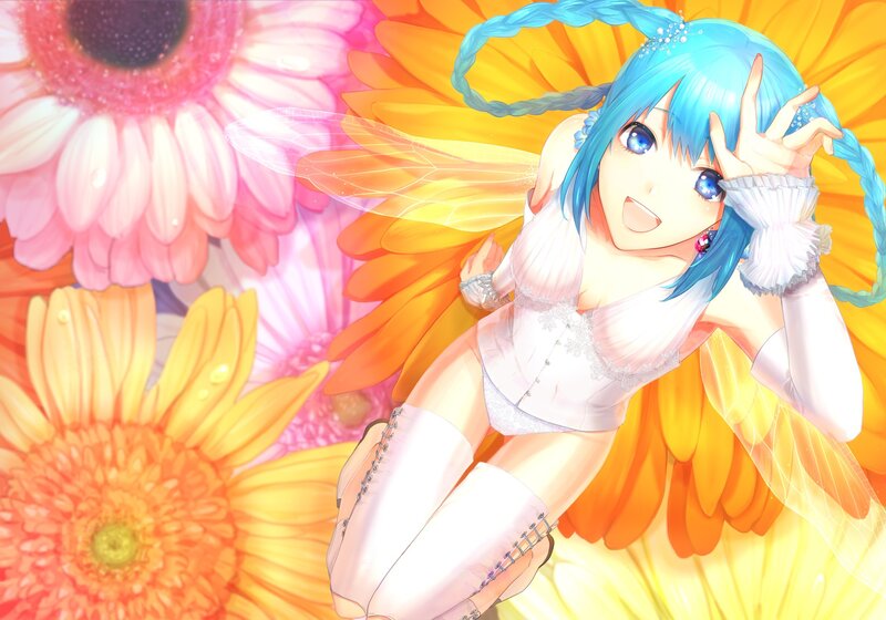 blue-haired fairy in flower field