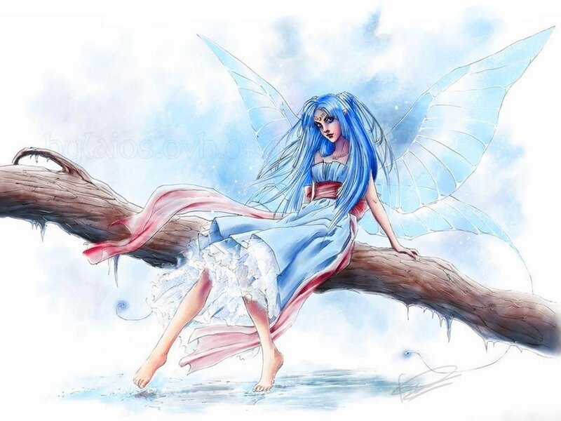 Blue-haired fairy on a branch