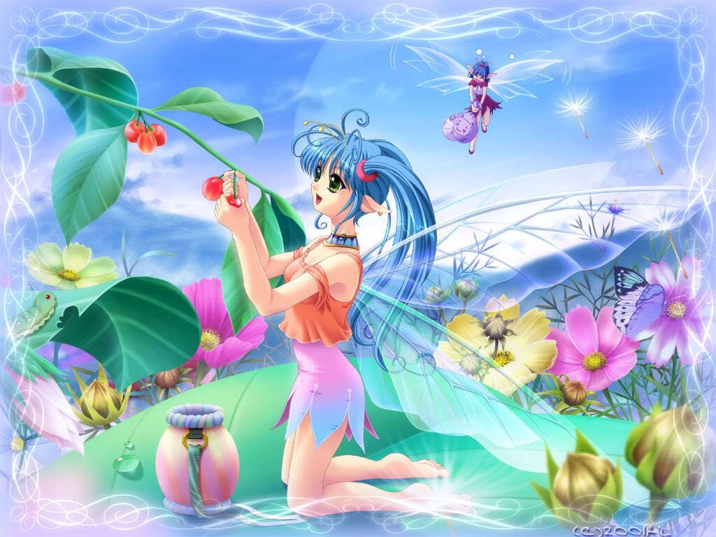 Blue-haired fairy picking cherries