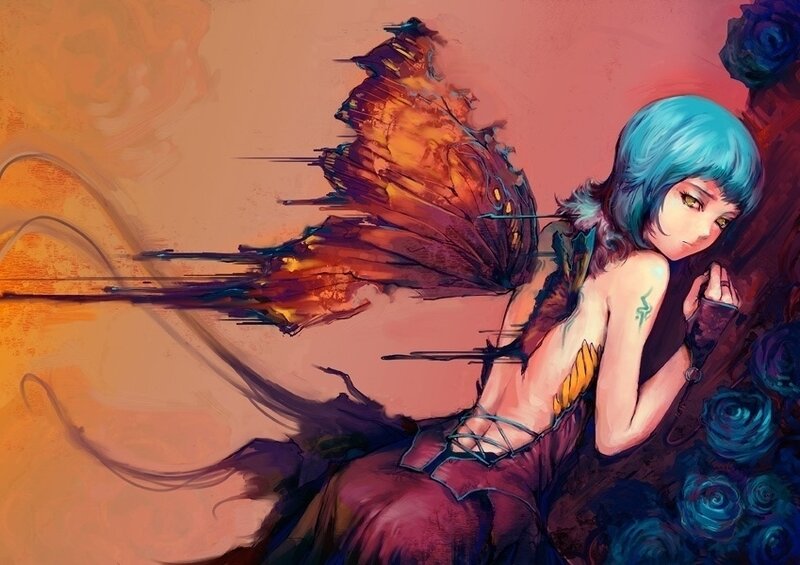 blue-haired fairy with butterfly wings