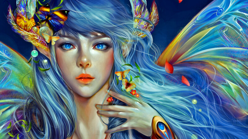 Blue-haired Fairy with Wings — Blue, Fantasy