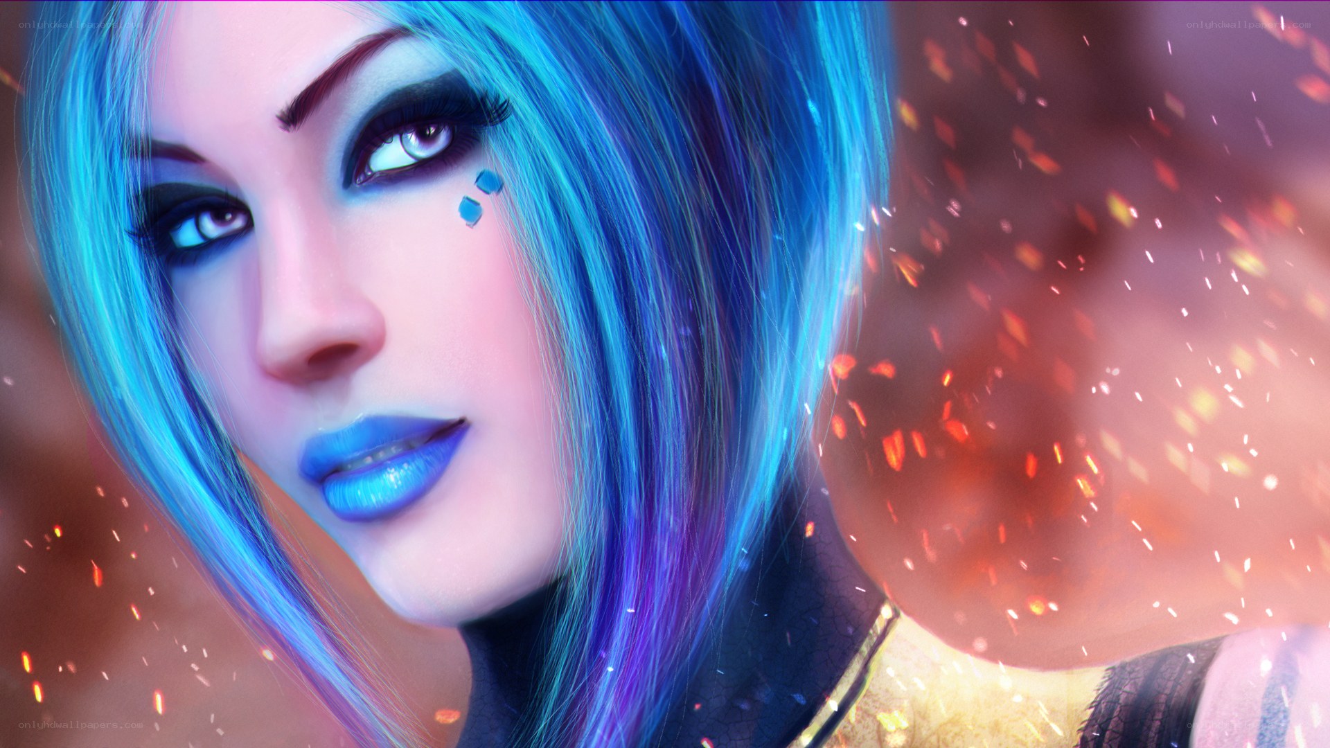 blue-haired fantasy character portrait