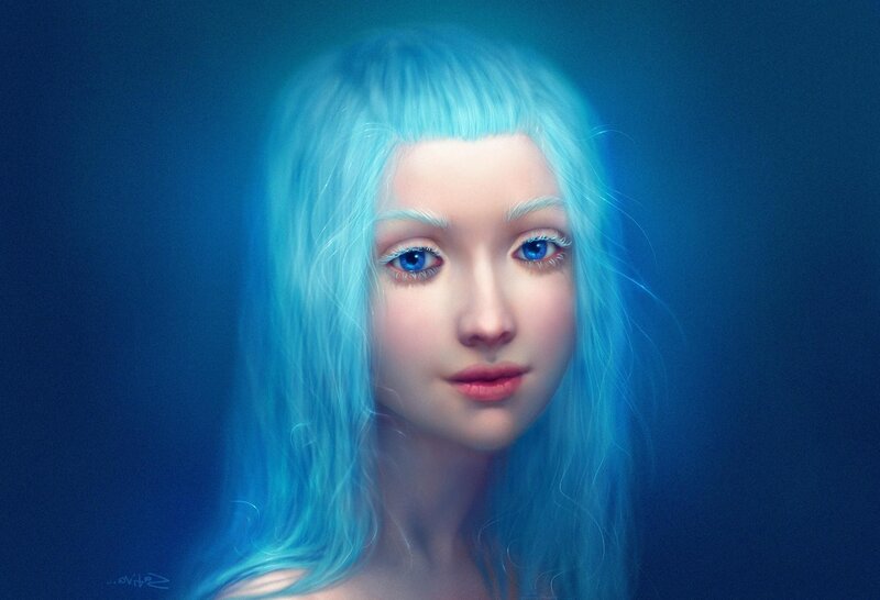 blue-haired fantasy portrait