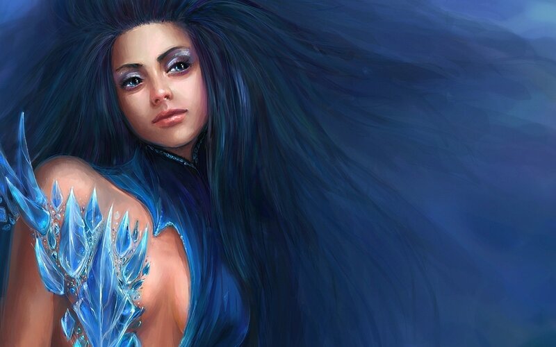 blue-haired fantasy warrior woman
