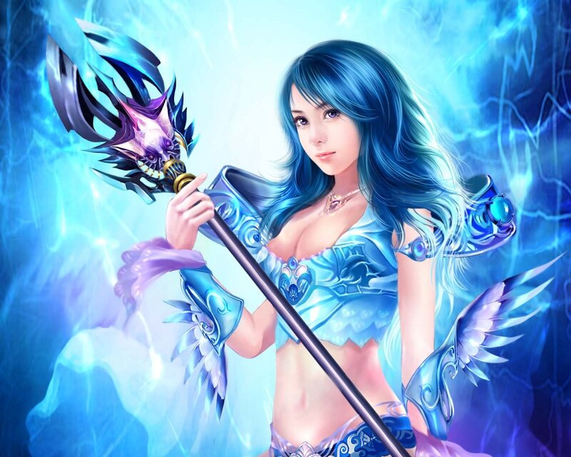 blue-haired fantasy warrior woman