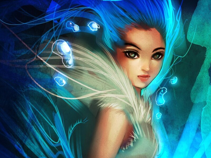 blue-haired fantasy woman