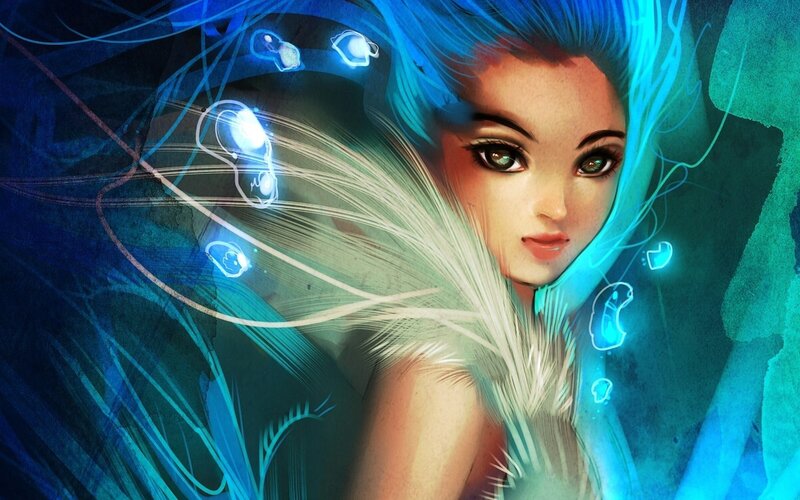 blue-haired fantasy woman