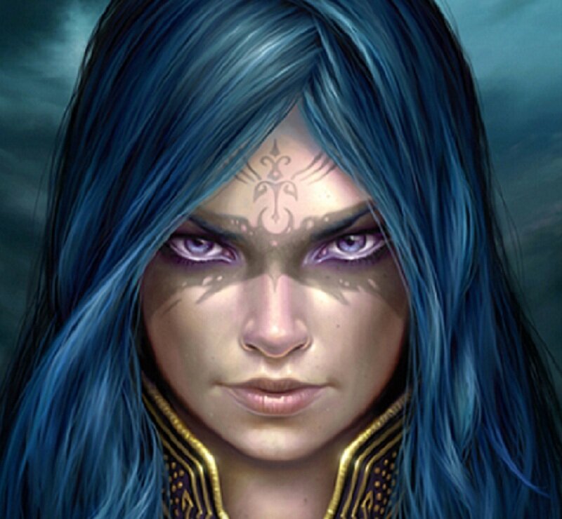 blue-haired fantasy woman portrait