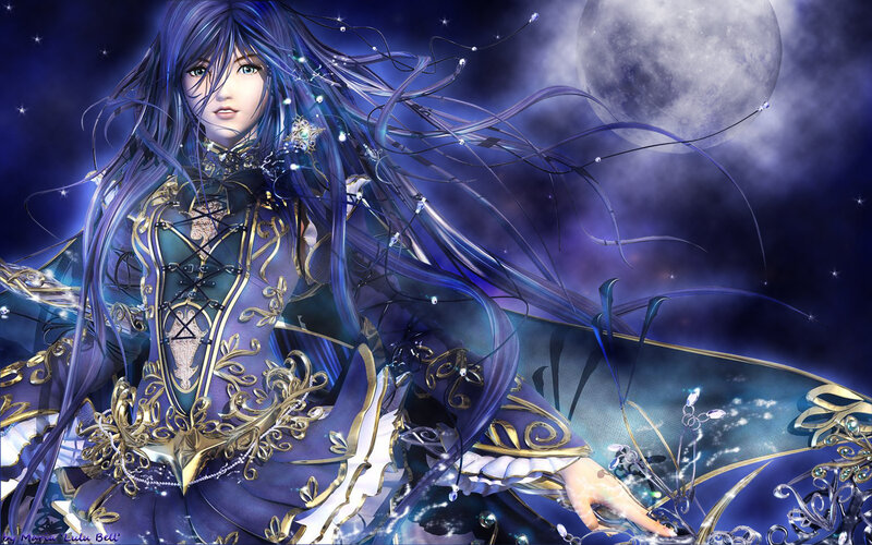 blue-haired fantasy woman under moon