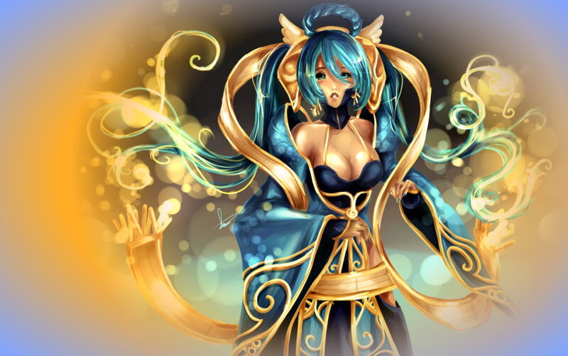 Blue-haired Female Character — Blue, Dramatic, Digital Art, Golden Ribbons