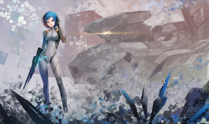 Blue-haired Female Warrior — Blue, Dramatic, Digital Art, Weapon