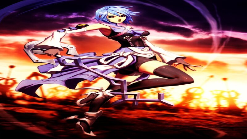 Blue-haired Female Warrior — Purple, Dramatic, Sunset
