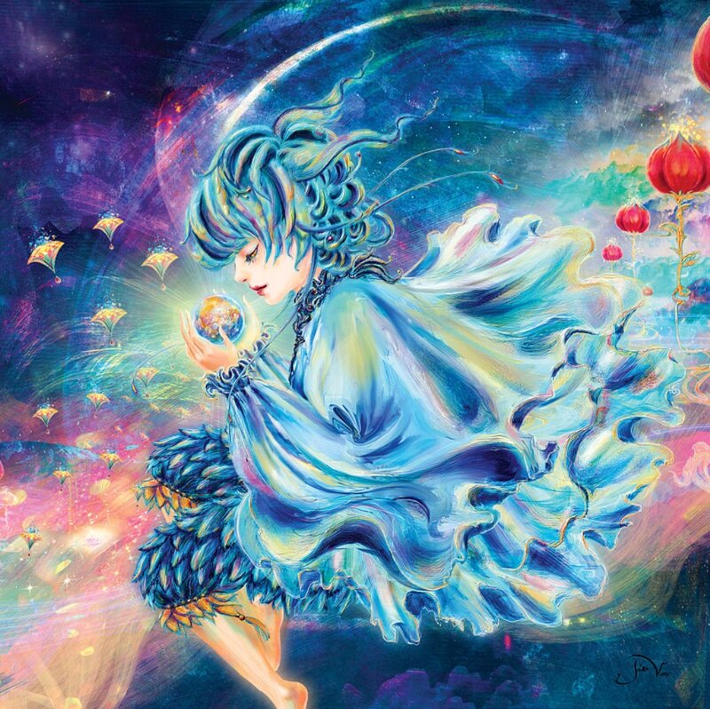 Blue-haired Figure Holding Globe