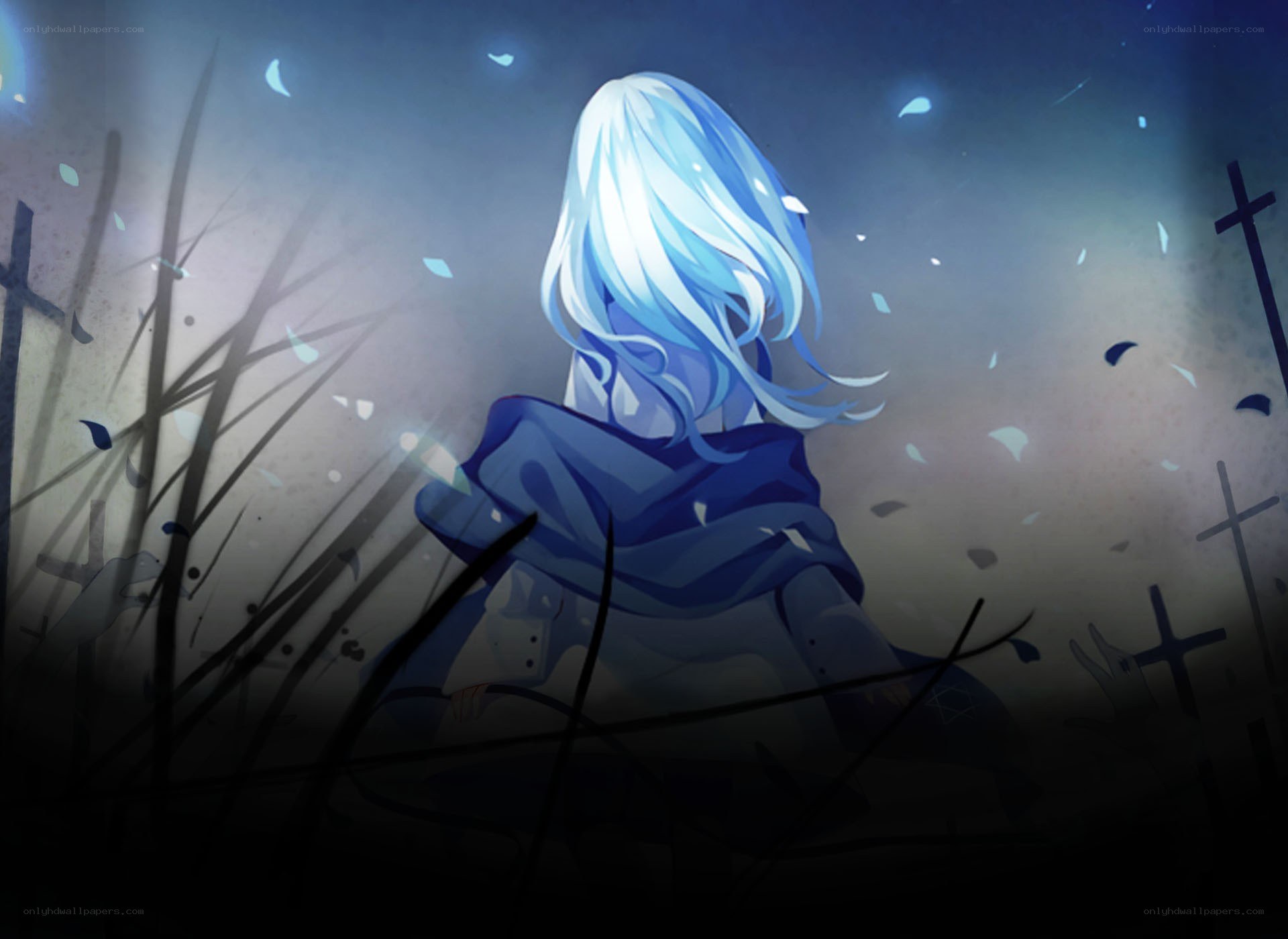 blue-haired figure in a graveyard