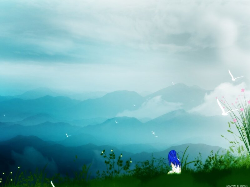 Blue-haired figure in misty mountains