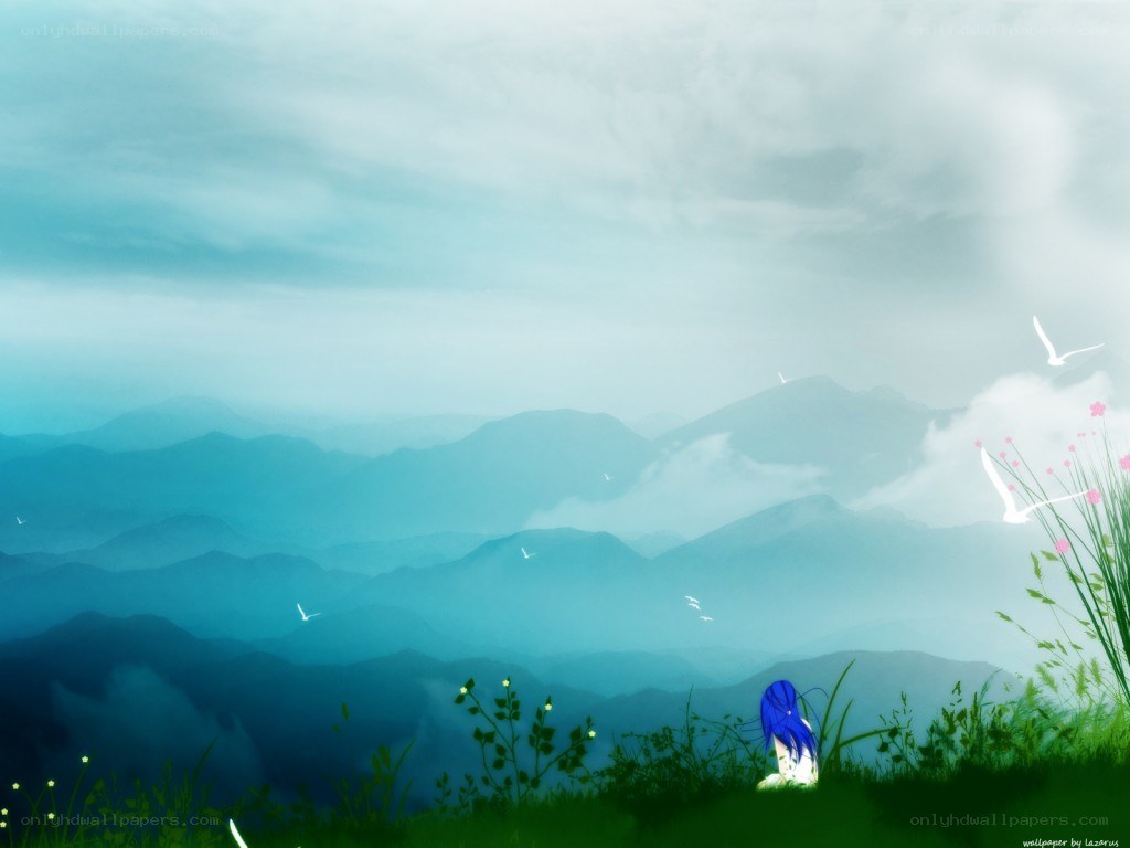 Blue-haired figure in misty mountains