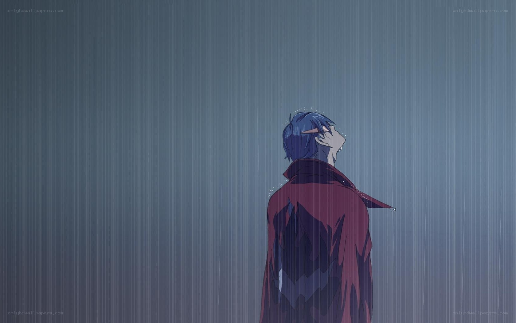 blue-haired figure in rain