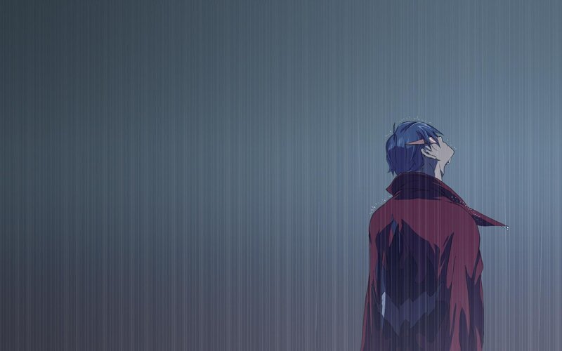 blue-haired figure in rain