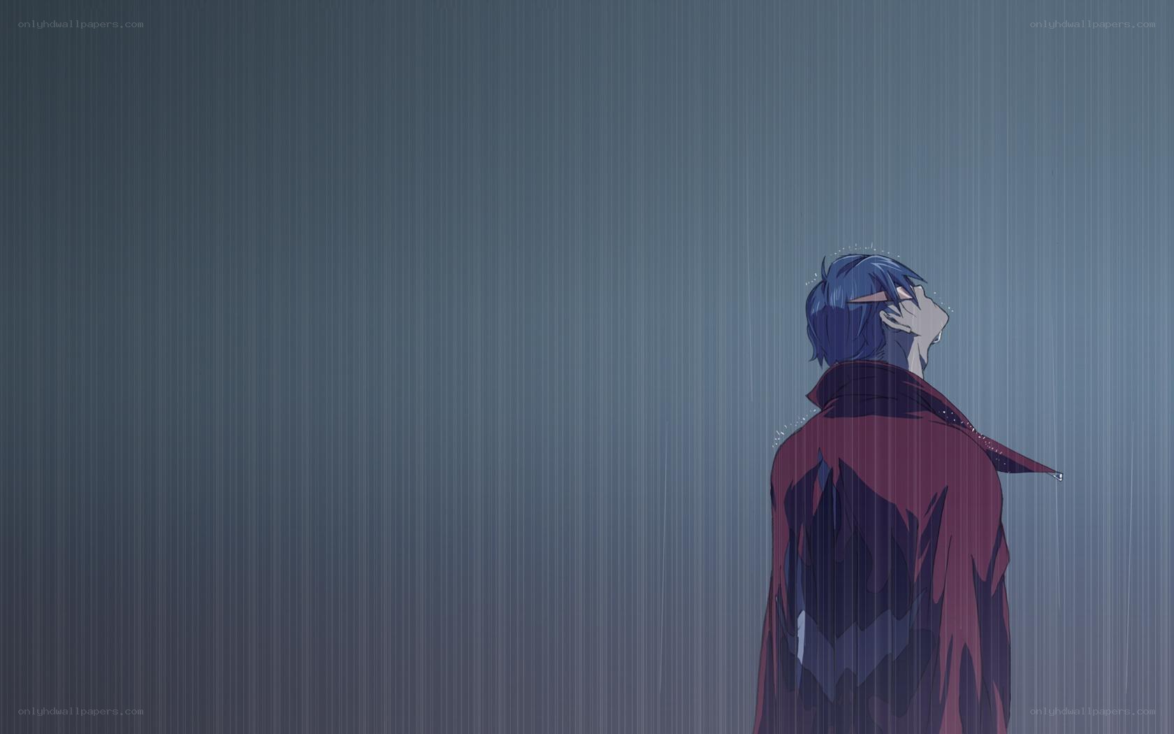 blue-haired figure in rain