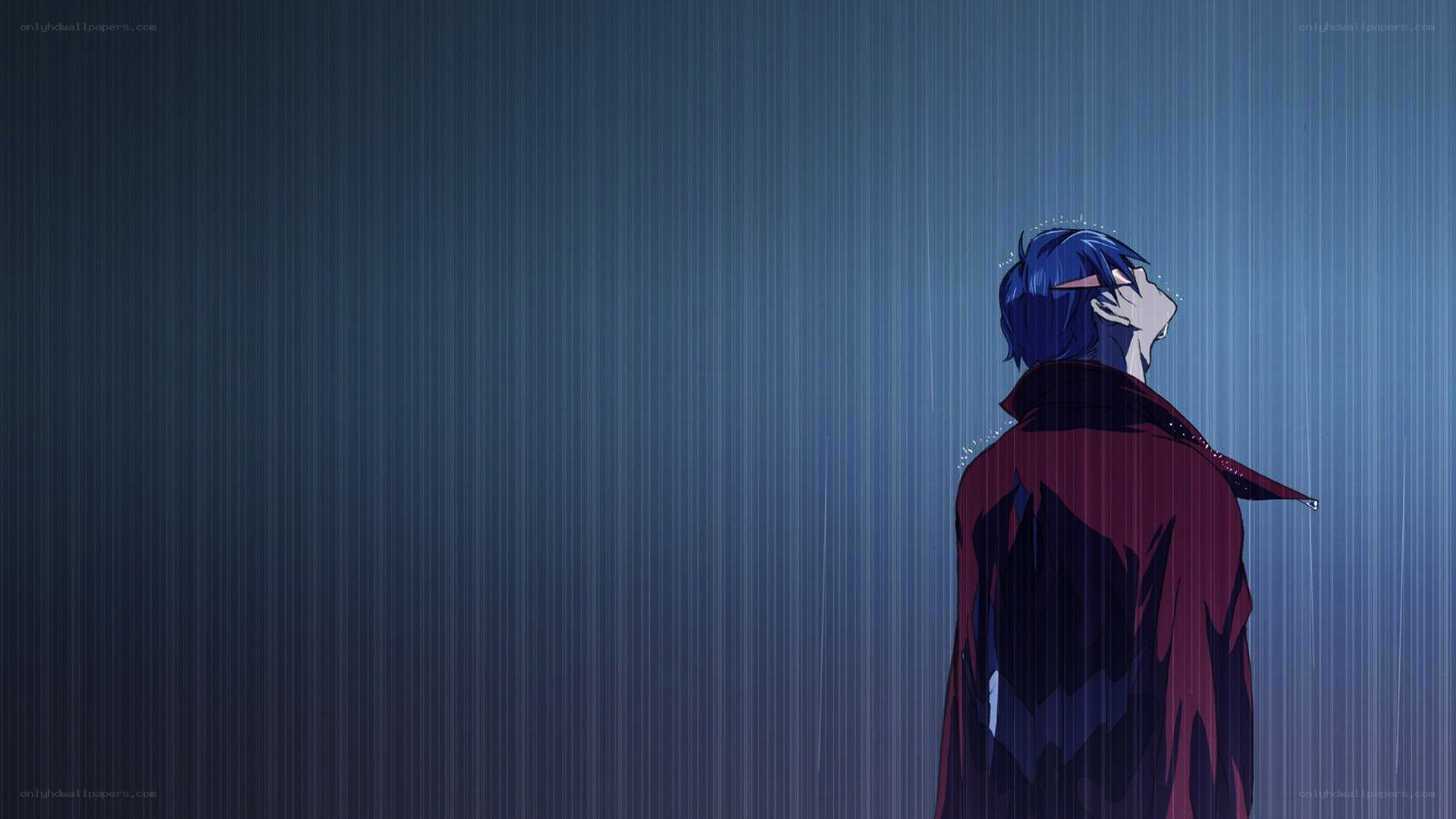 blue-haired figure in rain