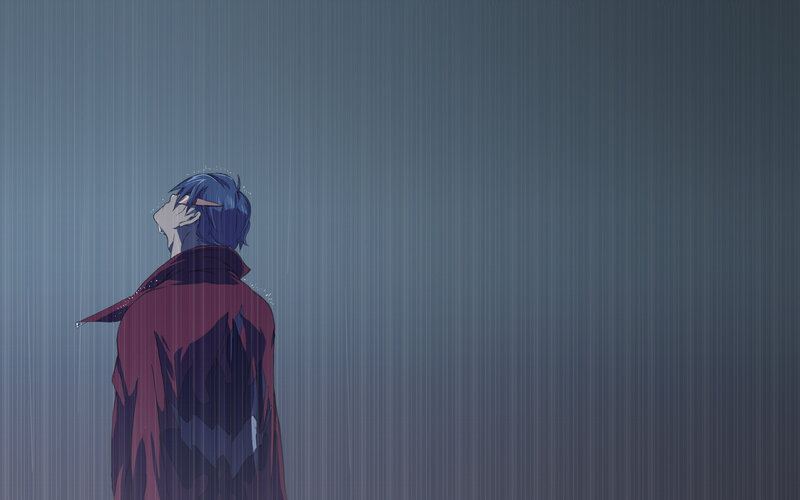 blue-haired figure in rain