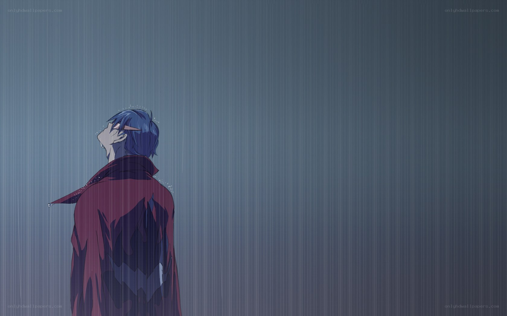 blue-haired figure in rain