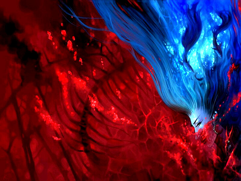 Blue-haired Figure in Red Mist