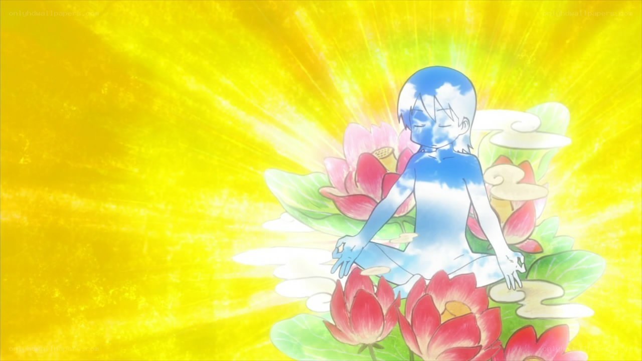 blue-haired figure meditating