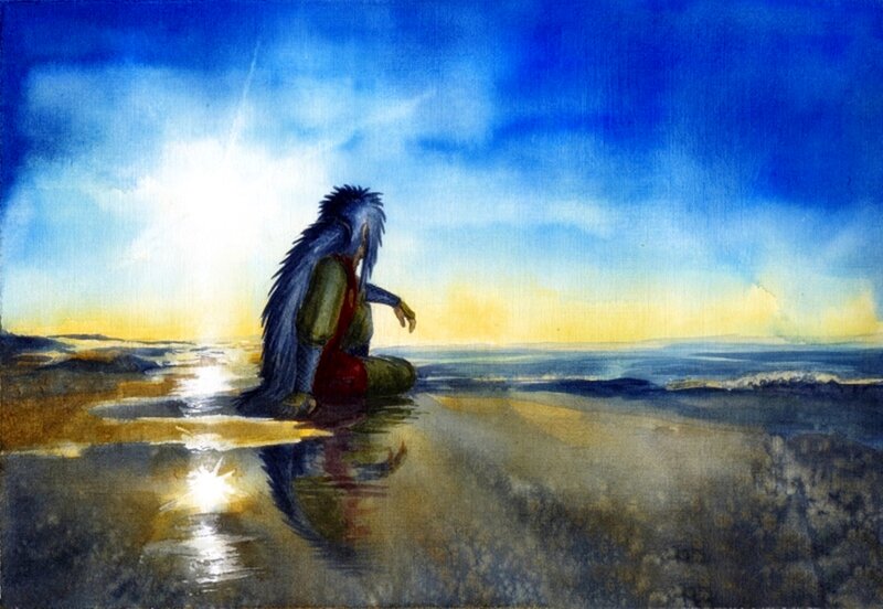 Blue-haired Figure on Beach